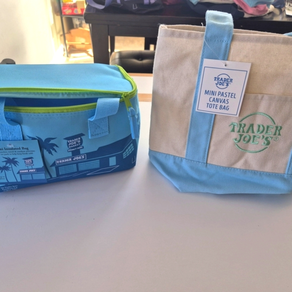 💙 Trader Joe's Mini Blue Pastel Canvas Tote Bag and Insulated Bag Set